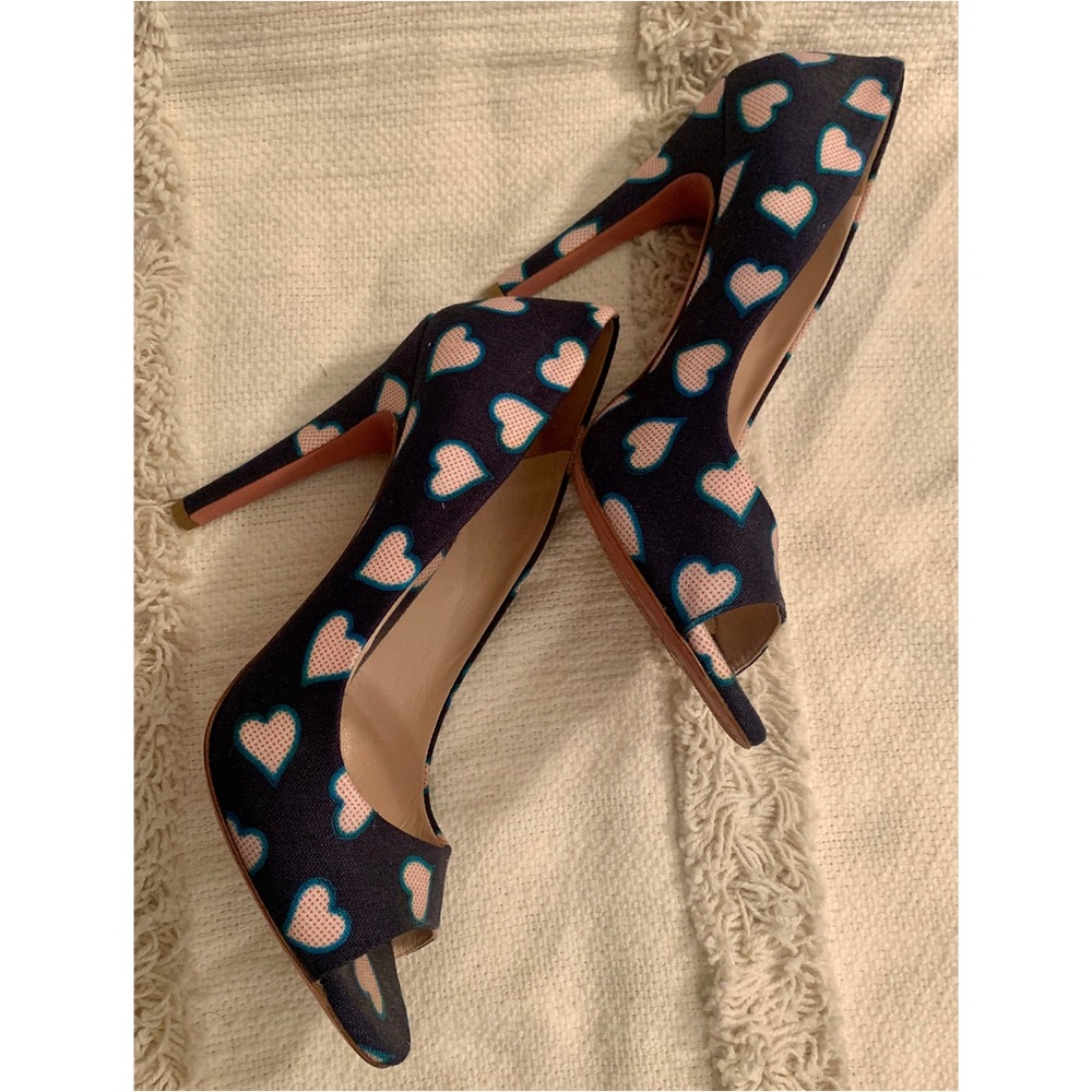 Miu Miu Navy Canvas Mini Heart Peep Toe Pumps
